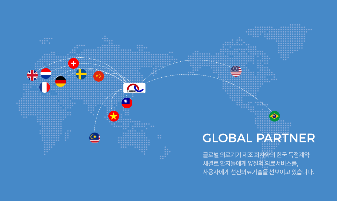 global partner 글로벌 의료기기 제조 회사와의 한국 독점계약 체결로 환자들에게 양질의 의료서비스를, 사용자에게 선진의료기술을 선보이고 있습니다.